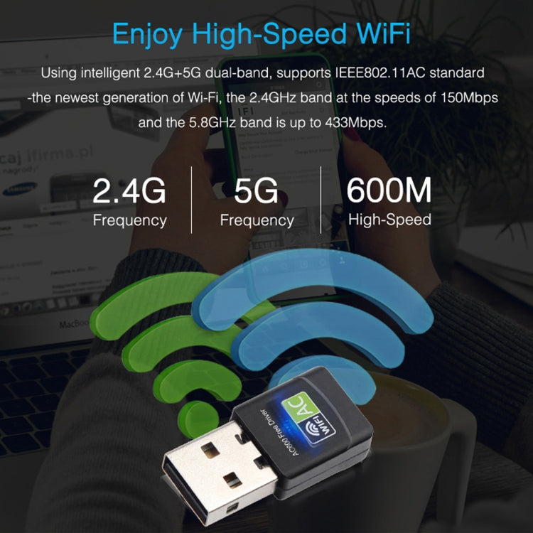 AC600Mbps 2.4GHz & 5GHz Dual Band USB 2.0 WiFi Free Drive Adapter External Network Card, AC600Mbps
