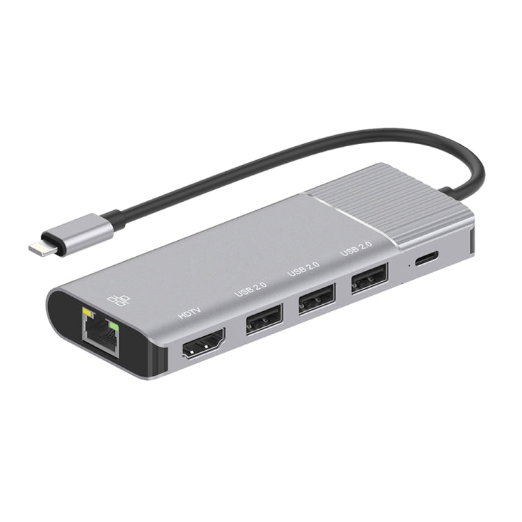 79591 6 in 1 8 Pin to RJ45 + HDMI + 8 Pin Charging + 3 USB 2.0 Ports Multifunctional HUB Converter Docking Station, 79591