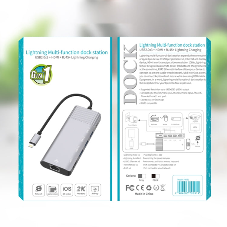 79591 6 in 1 8 Pin to RJ45 + HDMI + 8 Pin Charging + 3 USB 2.0 Ports Multifunctional HUB Converter Docking Station, 79591