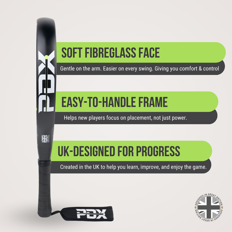 PDX Rayo Beginner Padel Racket | Complimentary Racket Carrier Bag | 30% Carbon 70% Fibreglass | 355g Round | Control