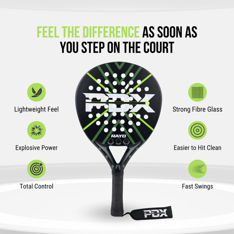 PDX Rayo Beginner Padel Racket | Complimentary Racket Carrier Bag | 30% Carbon 70% Fibreglass | 355g Round | Control