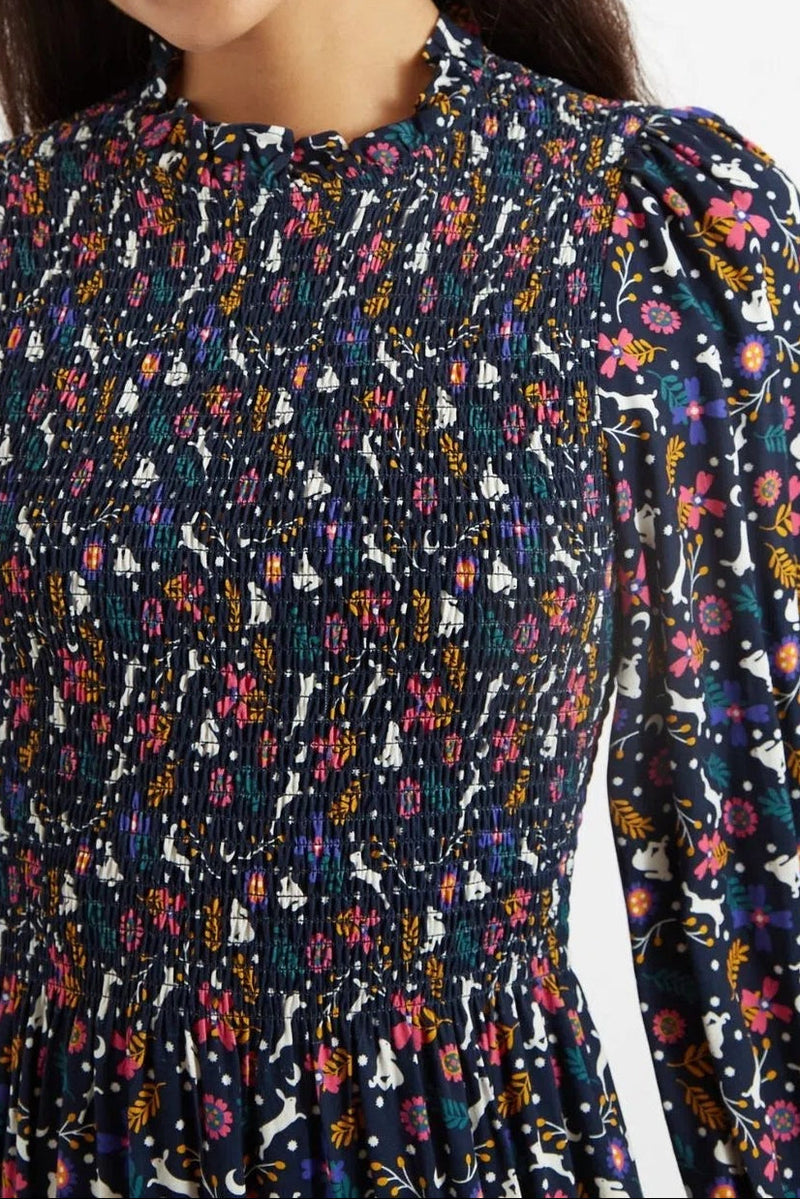 Louche Peppi White Rabbit Print Smocked Bodice Midi Dress