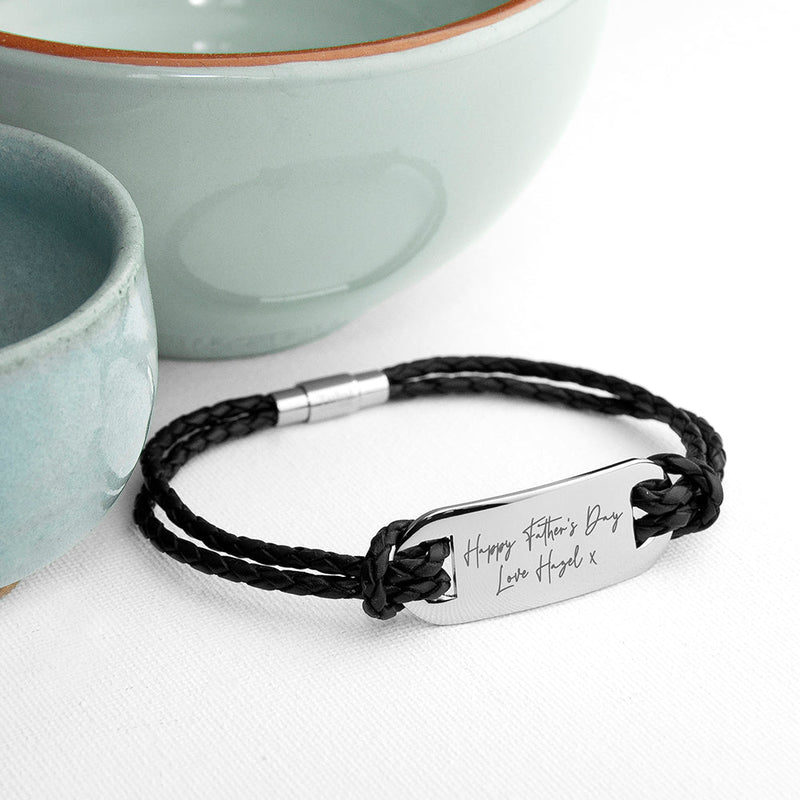 Personalised Handwriting Men's Black Leather Bracelet
