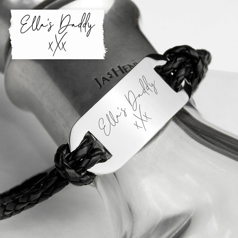 Personalised Handwriting Men's Black Leather Bracelet