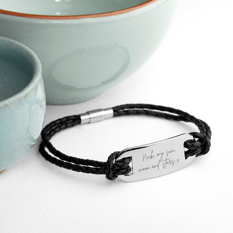 Personalised Handwriting Men's Black Leather Bracelet