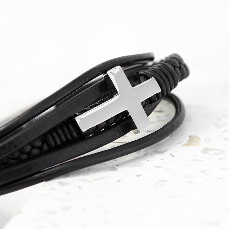 Personalised Men's Cross Black Leather Stacked Bracelet