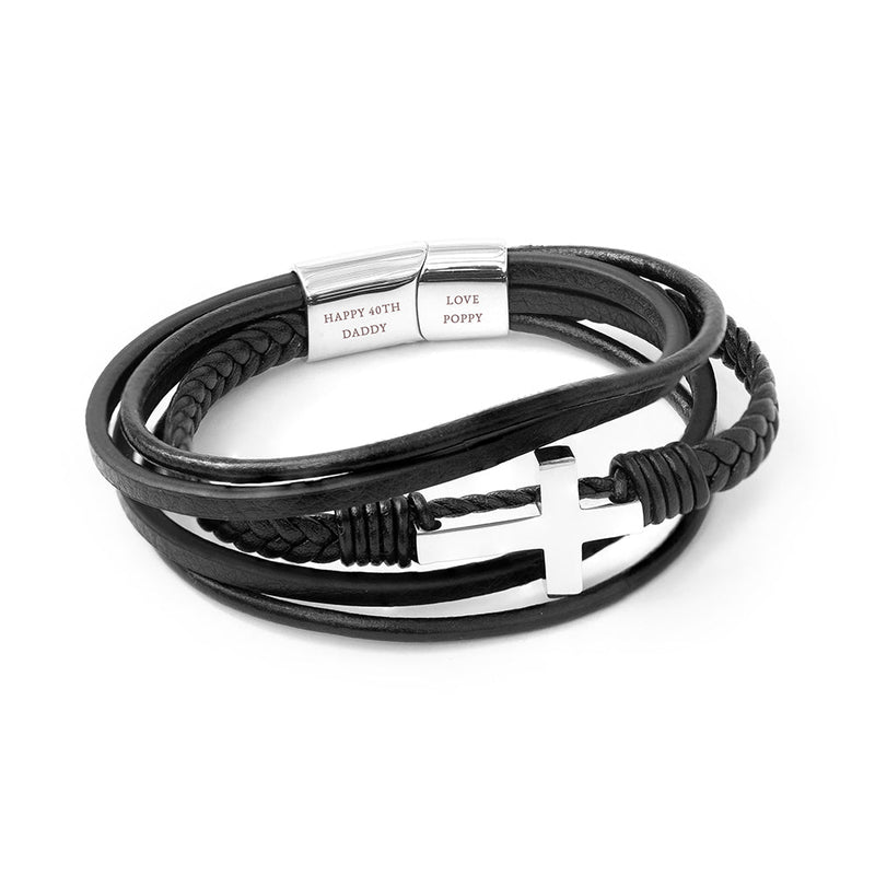 Personalised Men's Cross Black Leather Stacked Bracelet