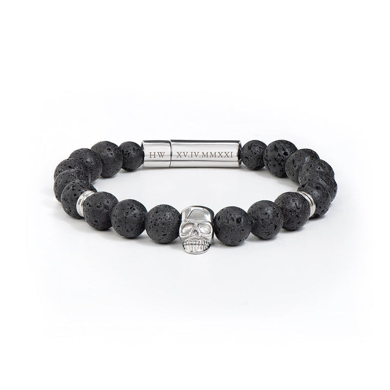 Personalised Men's Silver Skull Beaded Bracelet