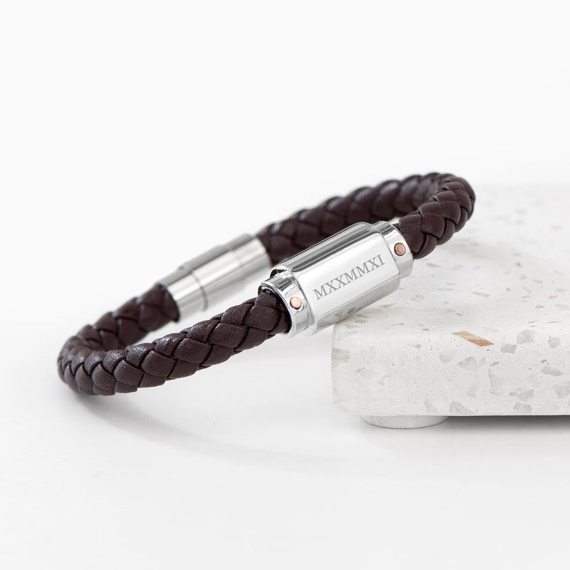 Personalised Men's Roman Numerals Luxury Brown Leather Bracelet