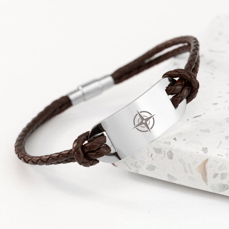 Personalised Men's Travel Compass Statement Leather Bracelet