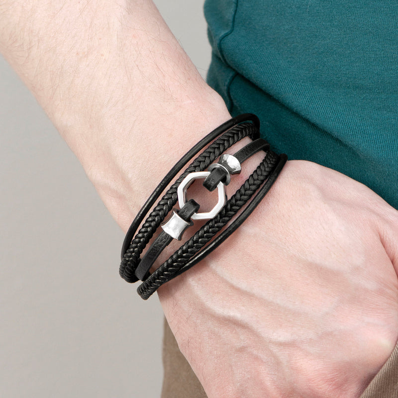 Personalised Men's Mayfair Leather Bracelet in Silver
