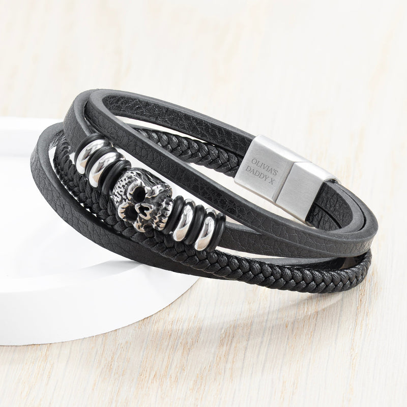 Personalised Men's Stacked Leather Skull Bracelet