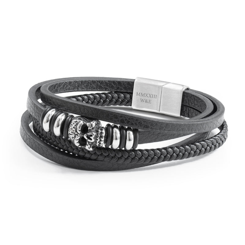 Personalised Men's Stacked Leather Skull Bracelet