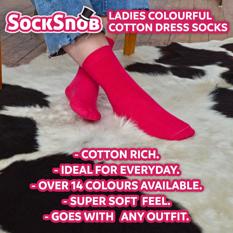 Ladies Plain Coloured Cotton Rich Dress Socks (Multipack Options)