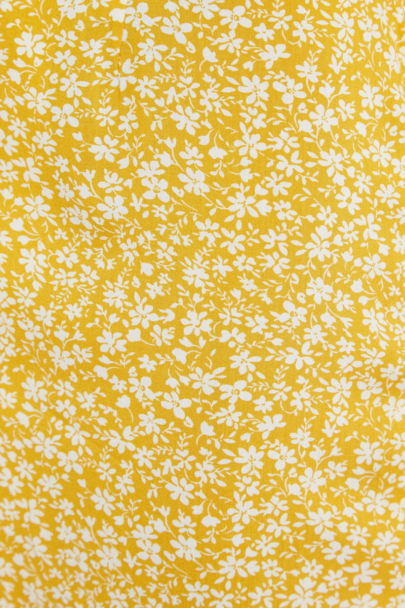 Prudence Micro Blossom Print Short Sleeve Laced Back Mini Dress In Yellow