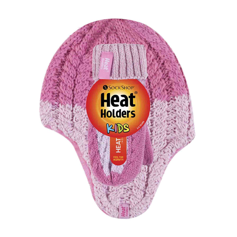 Kids Winter Warm Fleece Lined Thermal Beanie Hat & Mittens with Ear Flaps