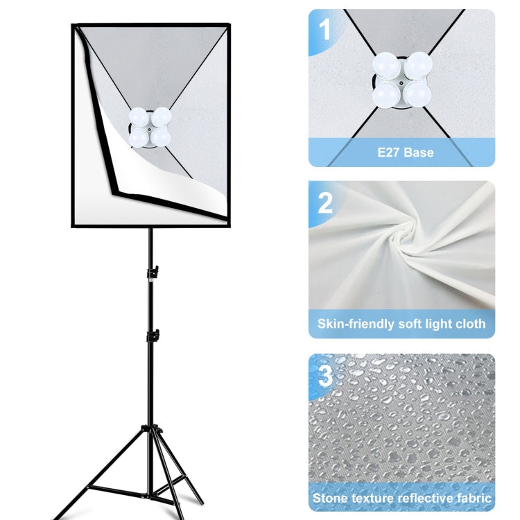 PULUZ 50x70cm Studio Softbox + 2m Tripod Mount + 4 x E27 20W 5700K White Light LED Light Bulb Photography Lighting Kit, 4 x Bulb EU Plug, 4 x Bulb US Plug