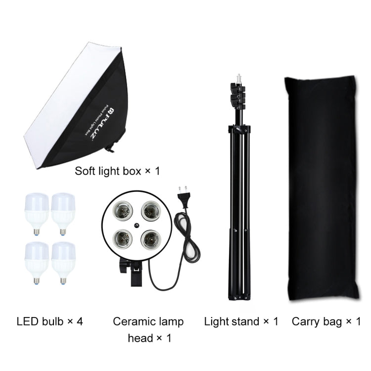 PULUZ 50x70cm Studio Softbox + 2m Tripod Mount + 4 x E27 20W 5700K White Light LED Light Bulb Photography Lighting Kit, 4 x Bulb EU Plug, 4 x Bulb US Plug