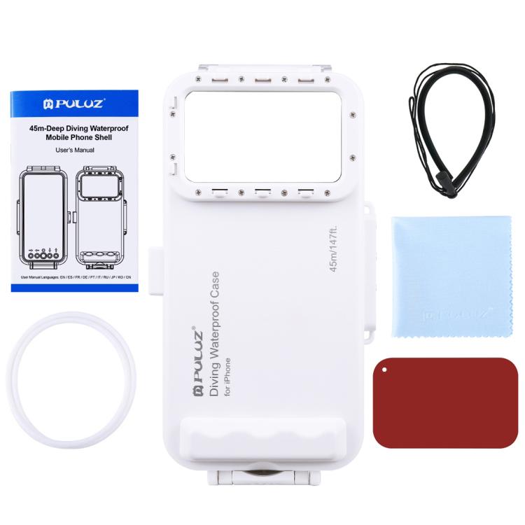 PULUZ 45m/147ft Waterproof Diving Case Photo Video Taking Underwater Housing Cover for iPhone 14 Series, iPhone 13 Series, iPhone 12 Series, iPhone 11 Series, iPhone X Series, iPhone 8 & 7, iPhone 6s, iOS 13.0 or Above Version iPhone...