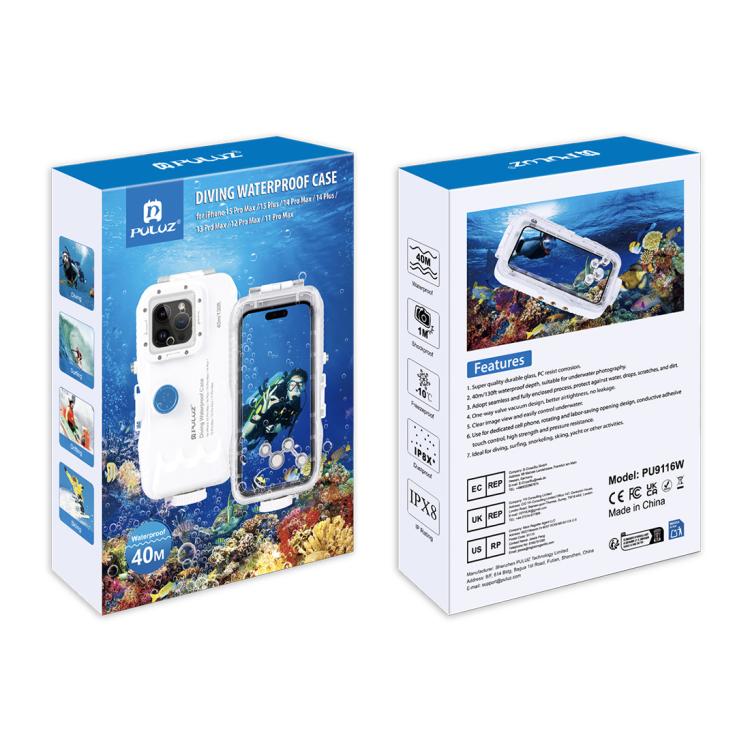 PULUZ 40m/130ft Waterproof Diving Case for 15 Pro Max / 15 Plus / iPhone 14 Plus / 14 Pro Max / 13 Pro Max / 12 Pro Max / 11 Pro Max, with One-way Valve Photo Video Taking Underwater Housing Cover, For iPhone 15 Pro Max / 15 Plus / 14 Plus...