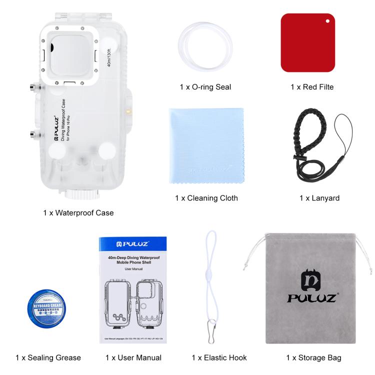 For iPhone 16 Pro PULUZ 40m/130ft Waterproof Diving Case Photo Video Taking Underwater Housing Cover, For iPhone 16 Pro(Transparent)