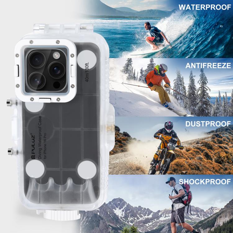 For iPhone 16 Pro PULUZ 40m/130ft Waterproof Diving Case Photo Video Taking Underwater Housing Cover, For iPhone 16 Pro(Transparent)