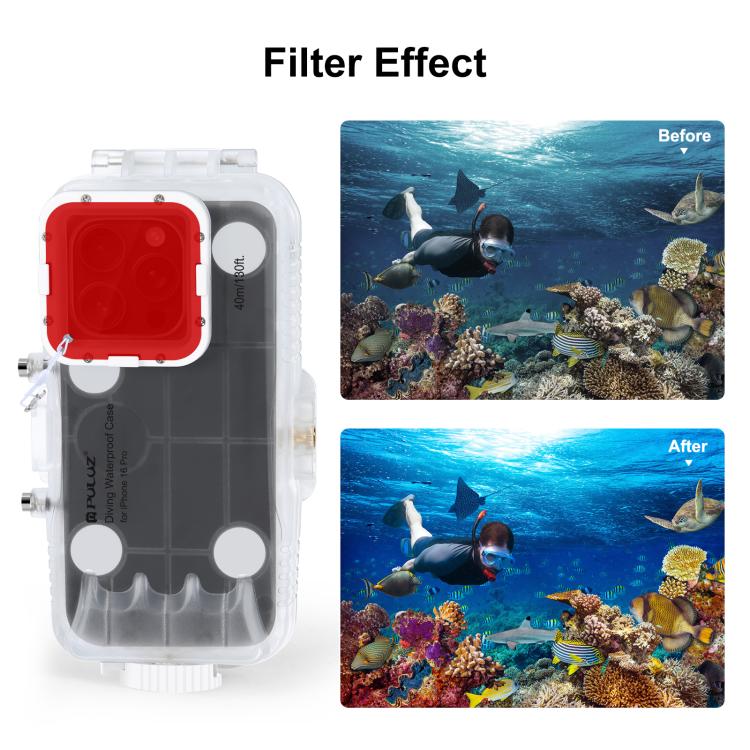 For iPhone 16 Pro PULUZ 40m/130ft Waterproof Diving Case Photo Video Taking Underwater Housing Cover, For iPhone 16 Pro(Transparent)