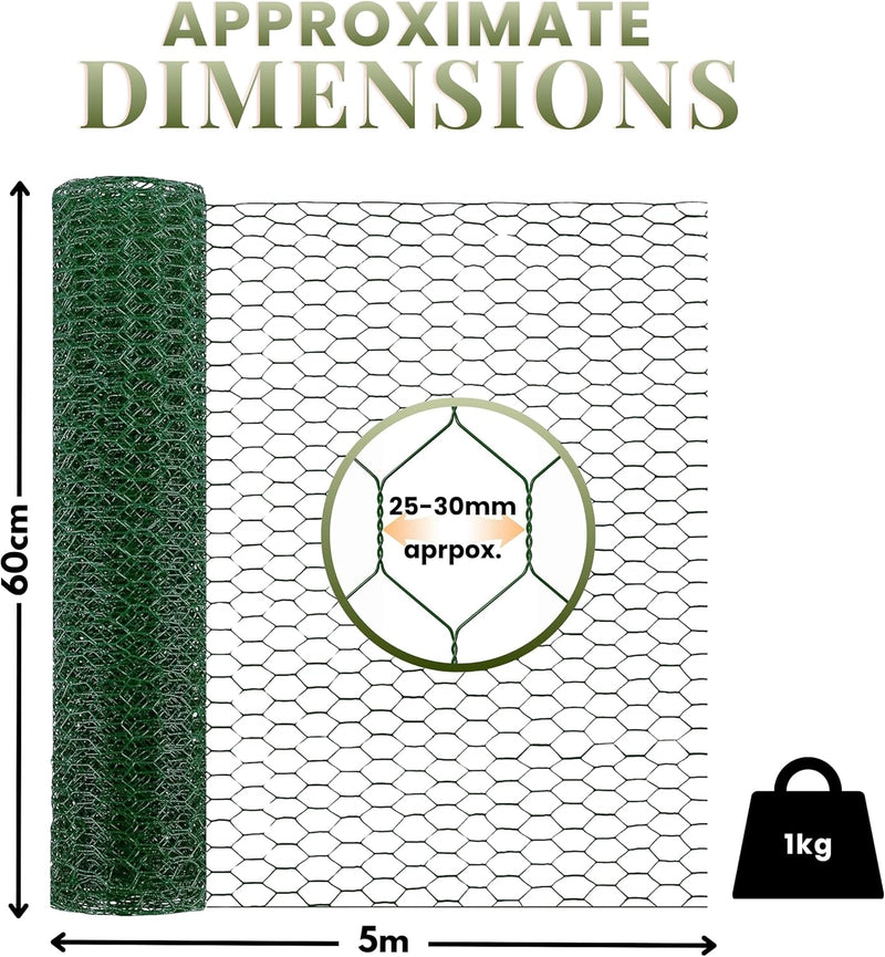 5m Green PVC Coated Chicken Wire Mesh Roll with Fixings
