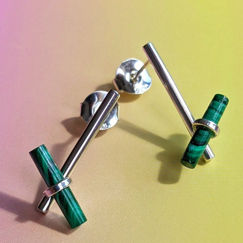 Malachite Bar Sterling Silver Drop Stud Earrings
