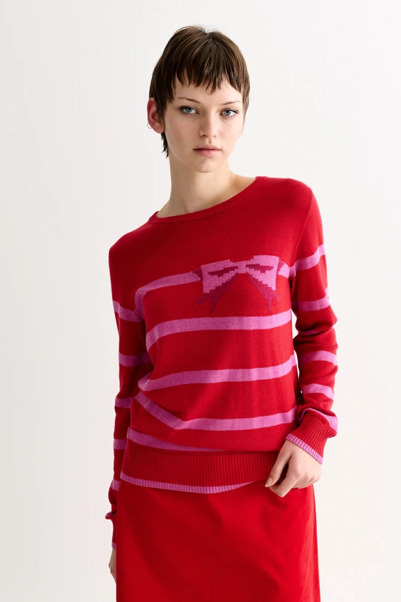 Bly Bow Intarsia Striped Jumper – Red