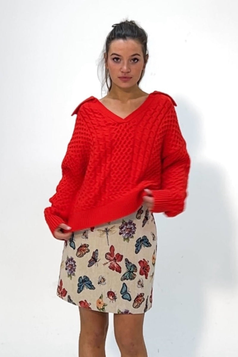 Jamie Cable Collar Jumper - Red