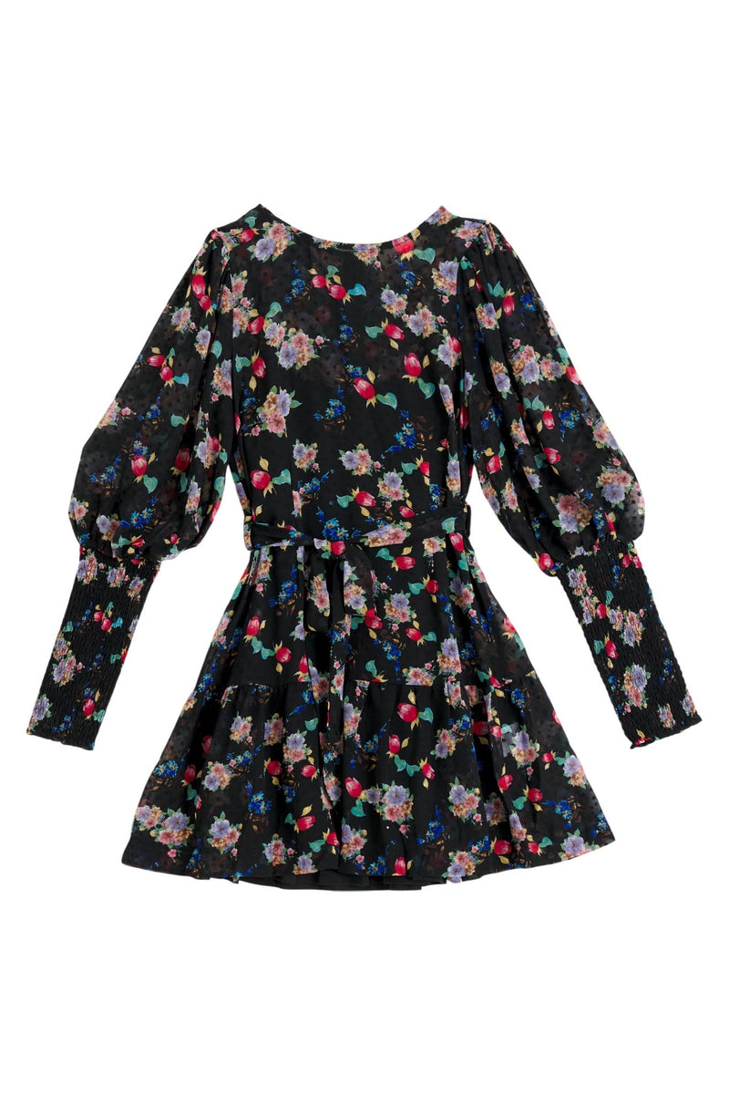 Louche Daphne Carpathian Florals Print Shirred Cuff Tie Waist Mini Dress