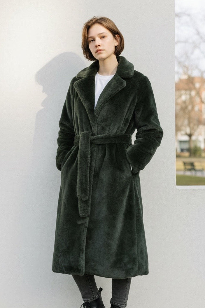 Arinette Faux Fur Tie Waist Coat - Khaki