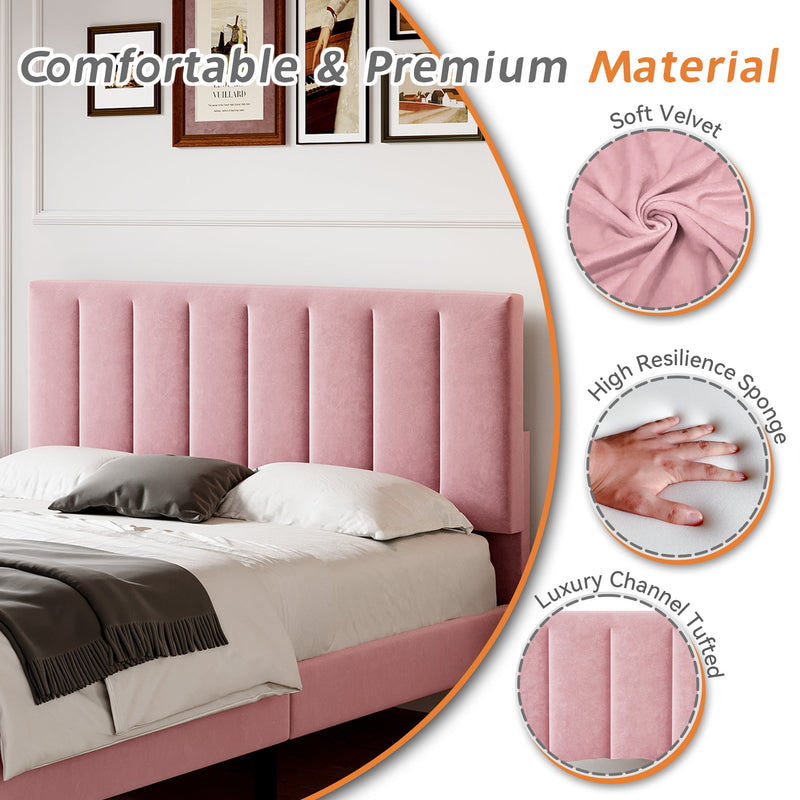 4ft6 Double Velvet Bed Frame Pink Adjustable Tufted Headboard Bedroom Furniture