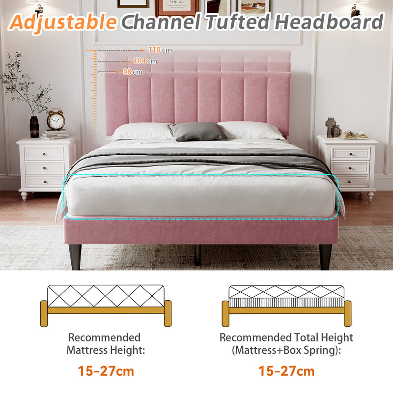 4ft6 Double Velvet Bed Frame Pink Adjustable Tufted Headboard Bedroom Furniture