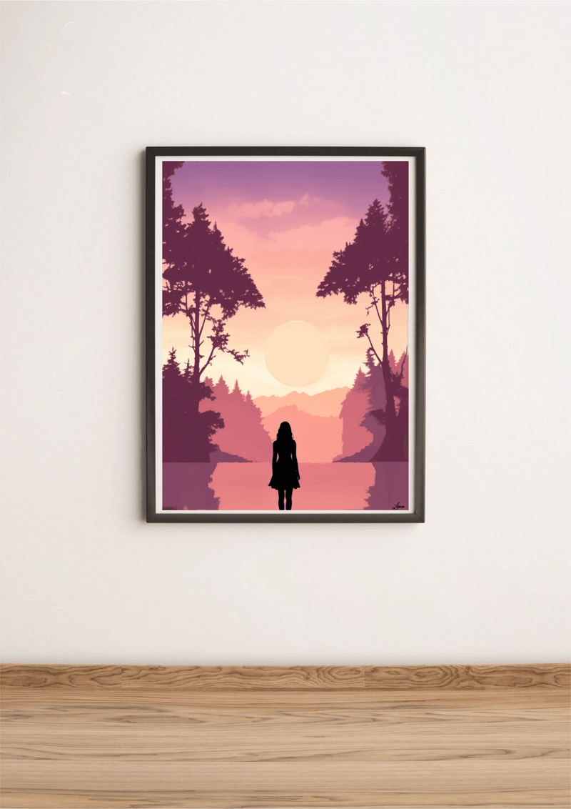 Pink Sunset Silhouette Print | Serene Girl Wall Art