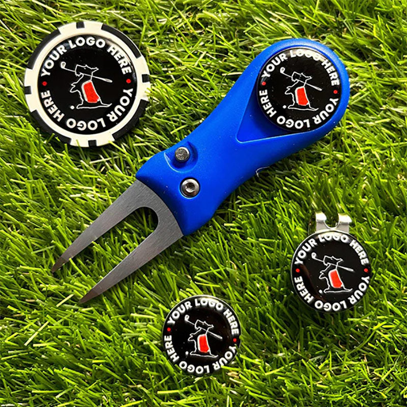 Personalised Plastic Golf Pitchfork Set with Magnetic Hat Clip & Poker Chip