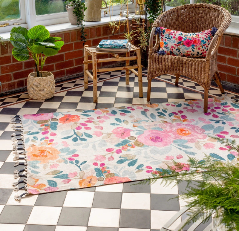 Posies Spring Floral Cotton Rug with Dual-Colored Tassel Trim