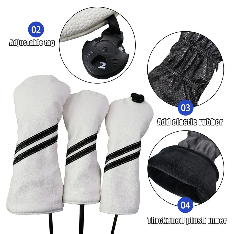 Striped Golf Headcovers PU Leather Driver Fairway Hybrid Waterproof Head Covers