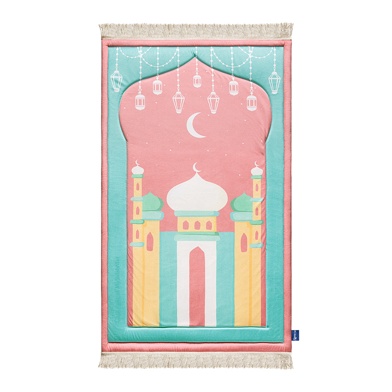 Padded Kids Prayer Mat with Pink Mumbai Mosque Design by Urban Rugs UK | Ramadan & Eid Gift