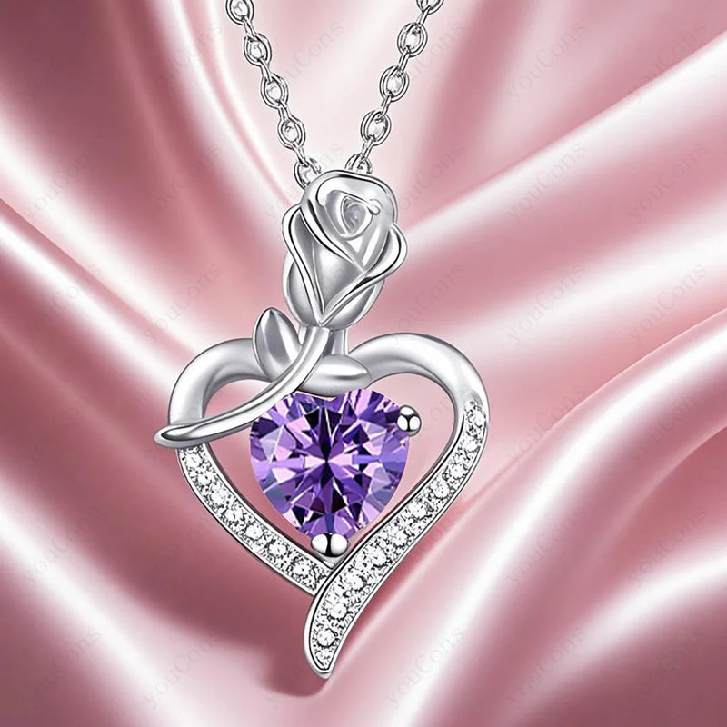 Heart Pendant Necklace Cute Purple Bear Rose Gift Box Jewellery Valentines Day