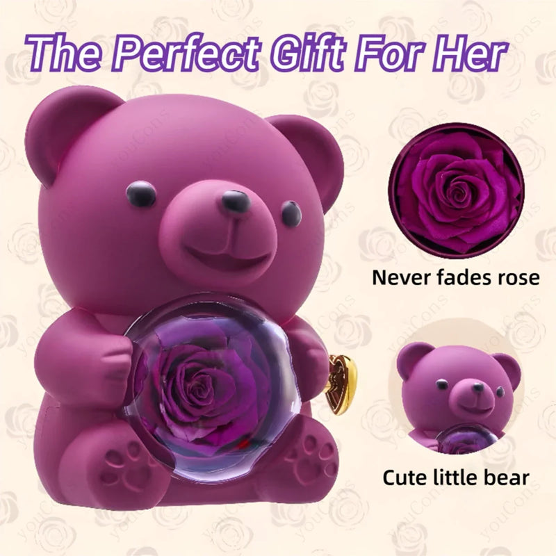 Heart Pendant Necklace Cute Purple Bear Rose Gift Box Jewellery Valentines Day