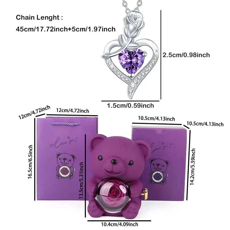 Heart Pendant Necklace Cute Purple Bear Rose Gift Box Jewellery Valentines Day