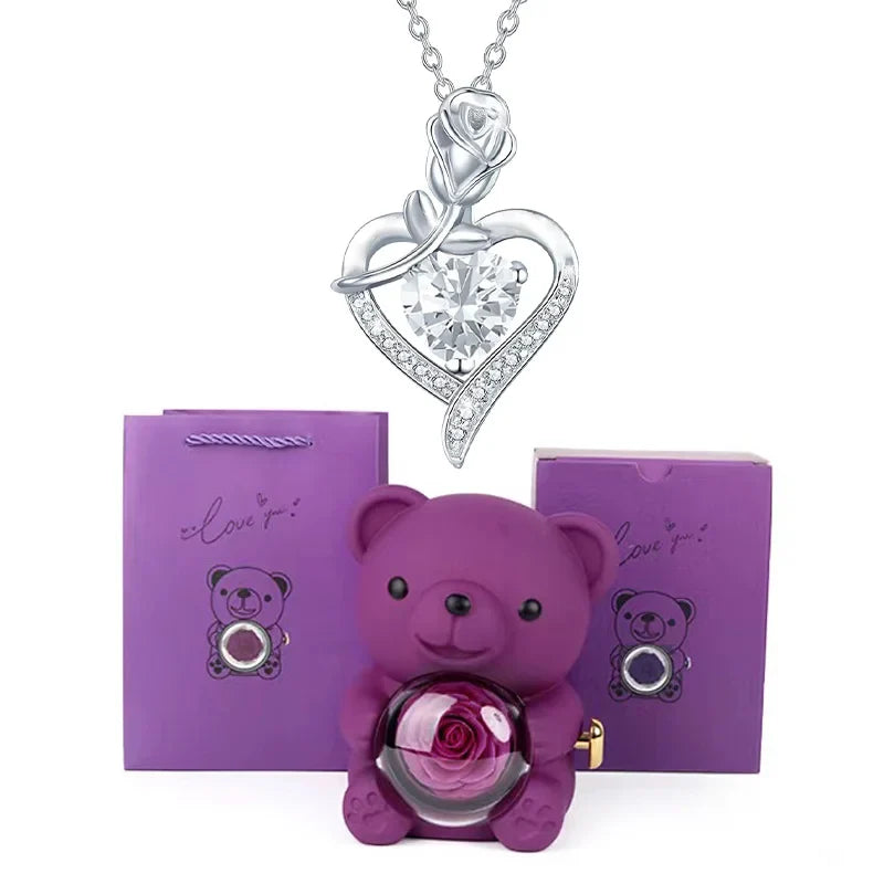 Heart Pendant Necklace Cute Purple Bear Rose Gift Box Jewellery Valentines Day