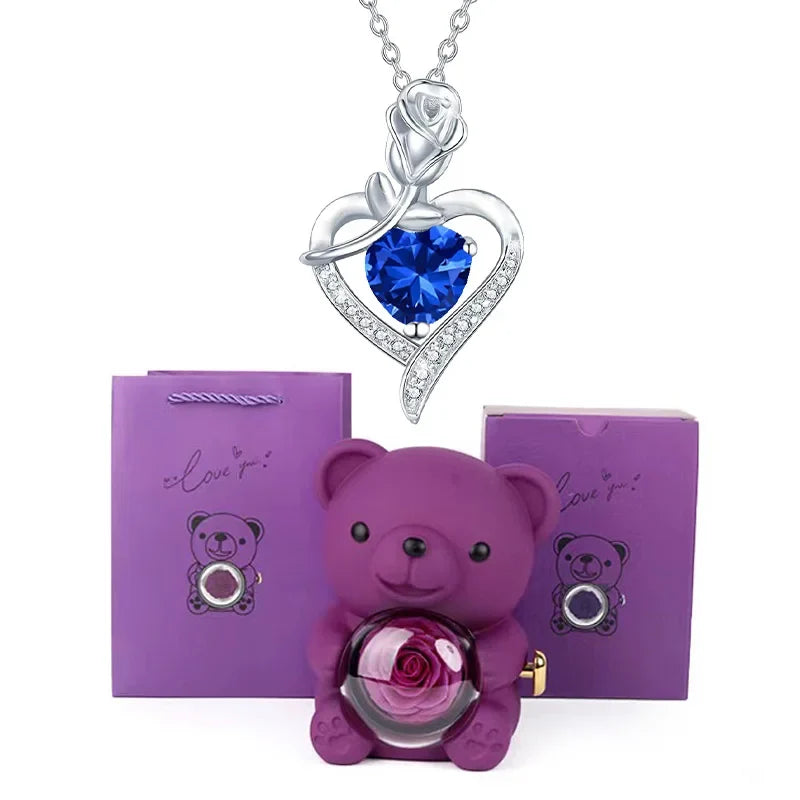 Heart Pendant Necklace Cute Purple Bear Rose Gift Box Jewellery Valentines Day