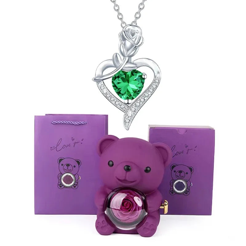 Heart Pendant Necklace Cute Purple Bear Rose Gift Box Jewellery Valentines Day
