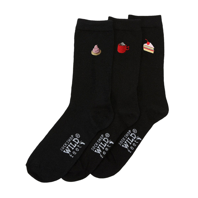 6 Pairs Ladies Multipack Black Novelty Socks: Embroidered Crew Cotton Socks