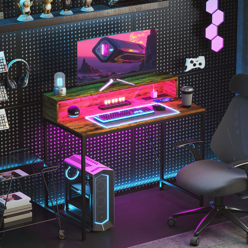 HOMCOM Computer Desk with LED Lights, Study Table with Shelf, Rustic Brown