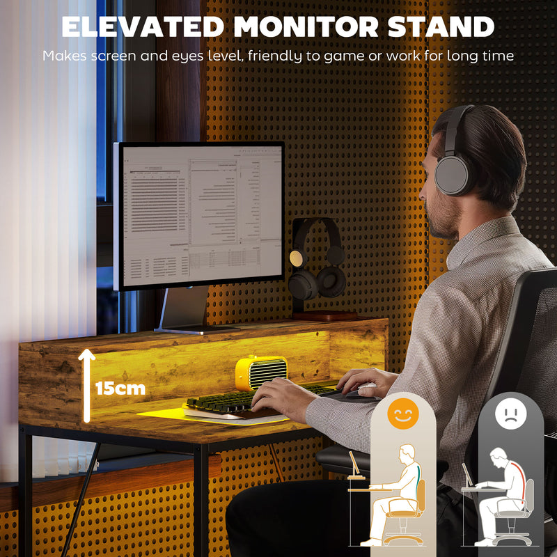 HOMCOM Computer Desk with LED Lights, Study Table with Shelf, Rustic Brown