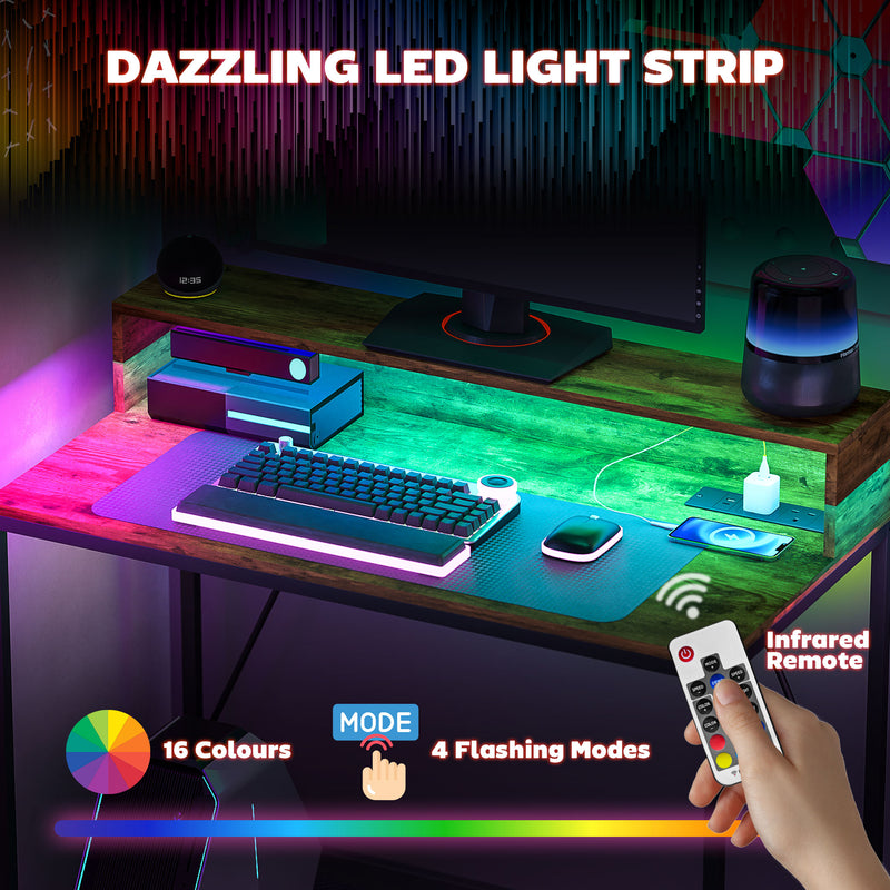 HOMCOM Computer Desk with LED Lights, Study Table with Shelf, Rustic Brown